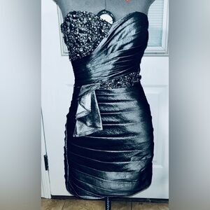 Riva Designs Metallic Grey Beaded Strapless Cocktail Dress